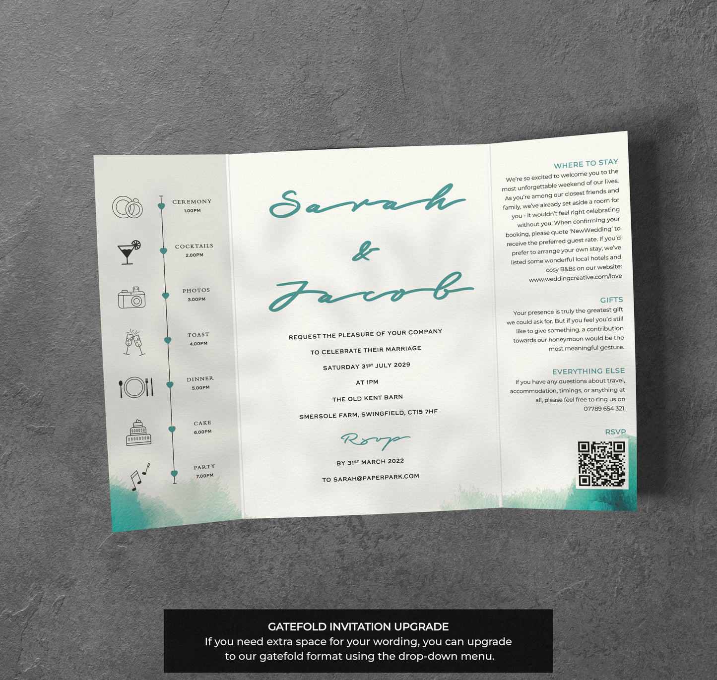 Teal Watercolour Wedding Invitation – Modern Brush Design with Kraft Envelopes