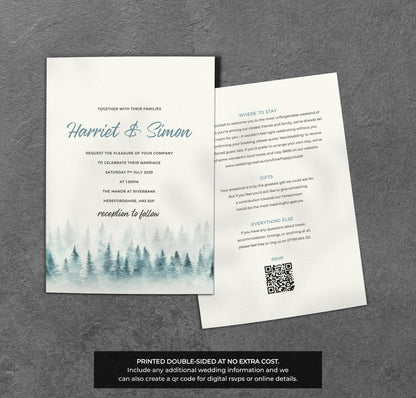 Misty Forest Wedding Invitation – Blue Woodland Design with Kraft Envelopes