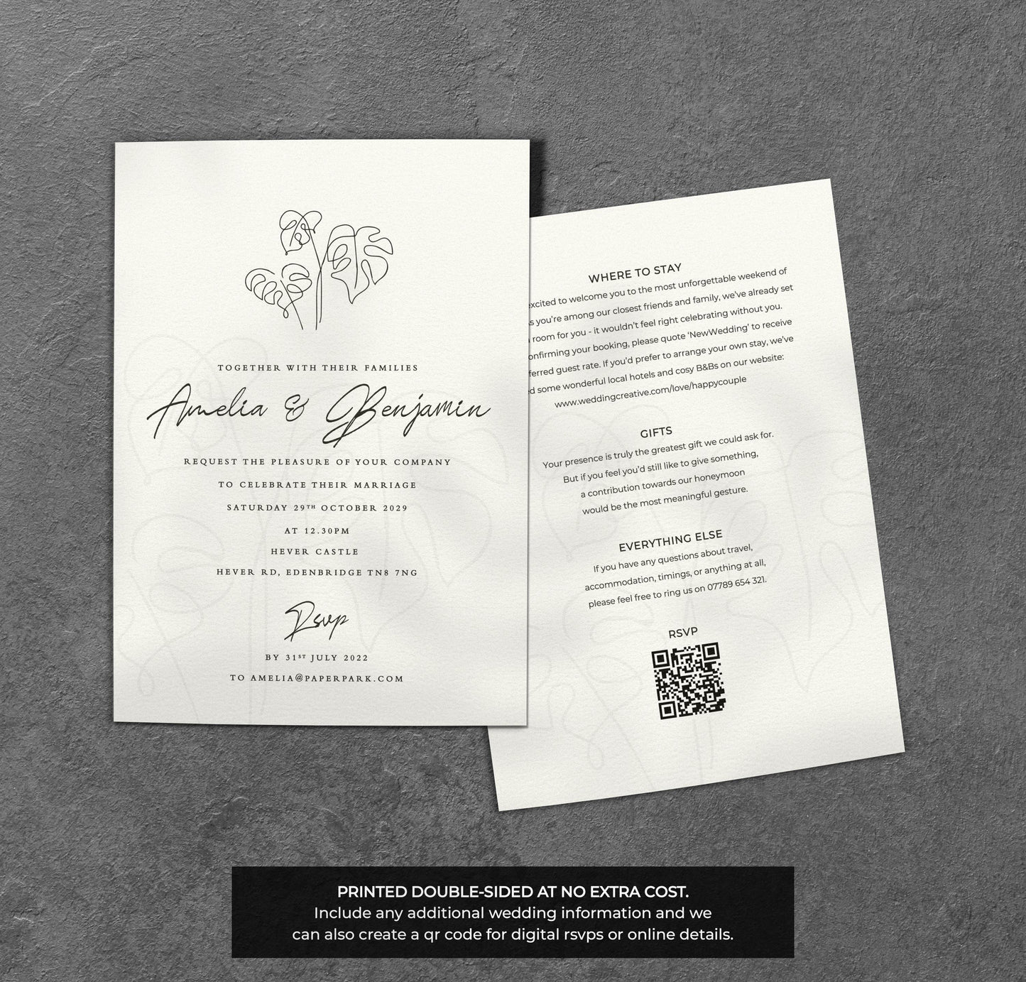 Monstera Wedding Invitation – Minimal Line Art Design with Kraft Envelopes