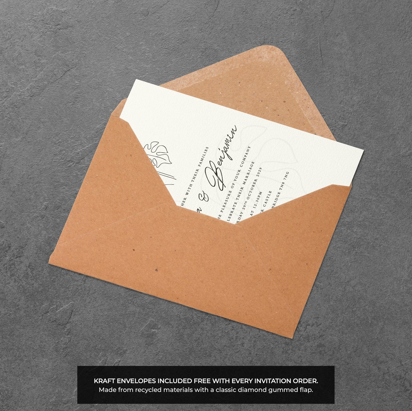 Monstera Wedding Invitation – Minimal Line Art Design with Kraft Envelopes