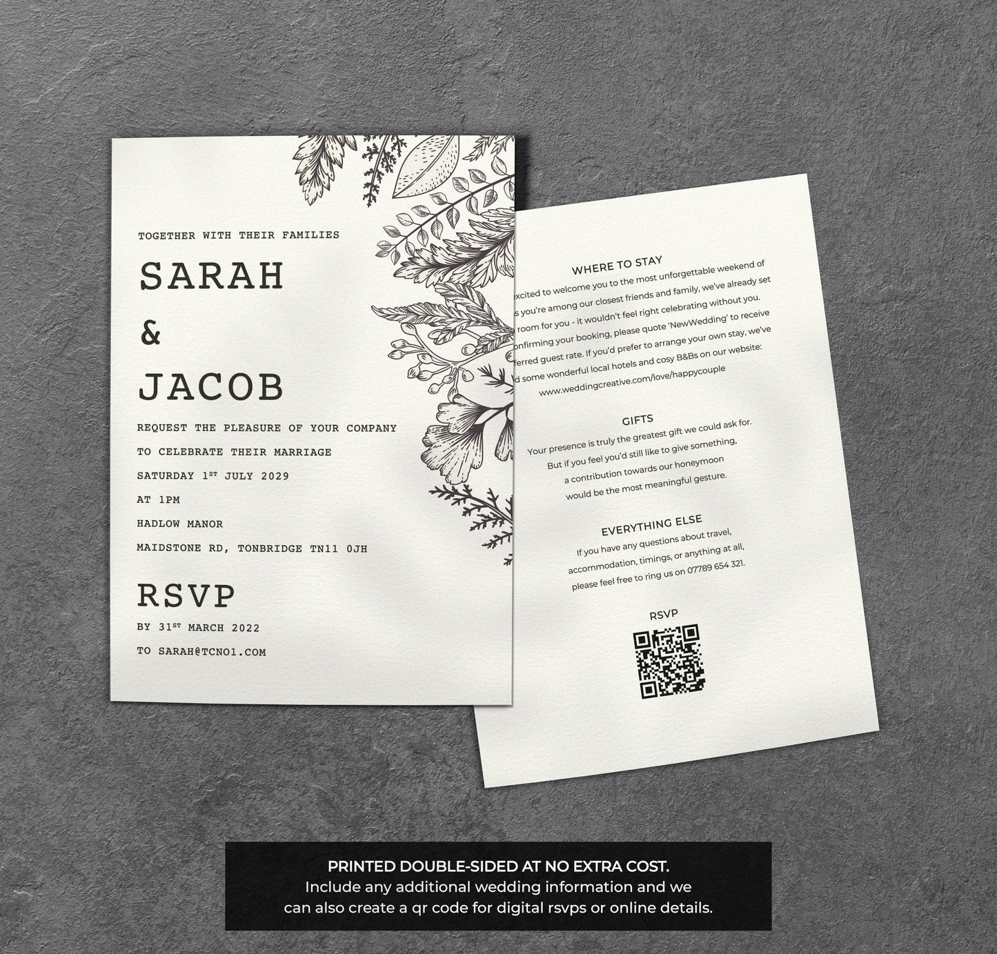 Black & White Botanical Wedding Invitation – Line Art Design with Kraft Envelopes