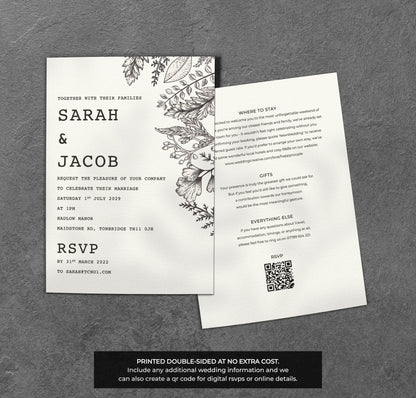 Black & White Botanical Wedding Invitation – Line Art Design with Kraft Envelopes