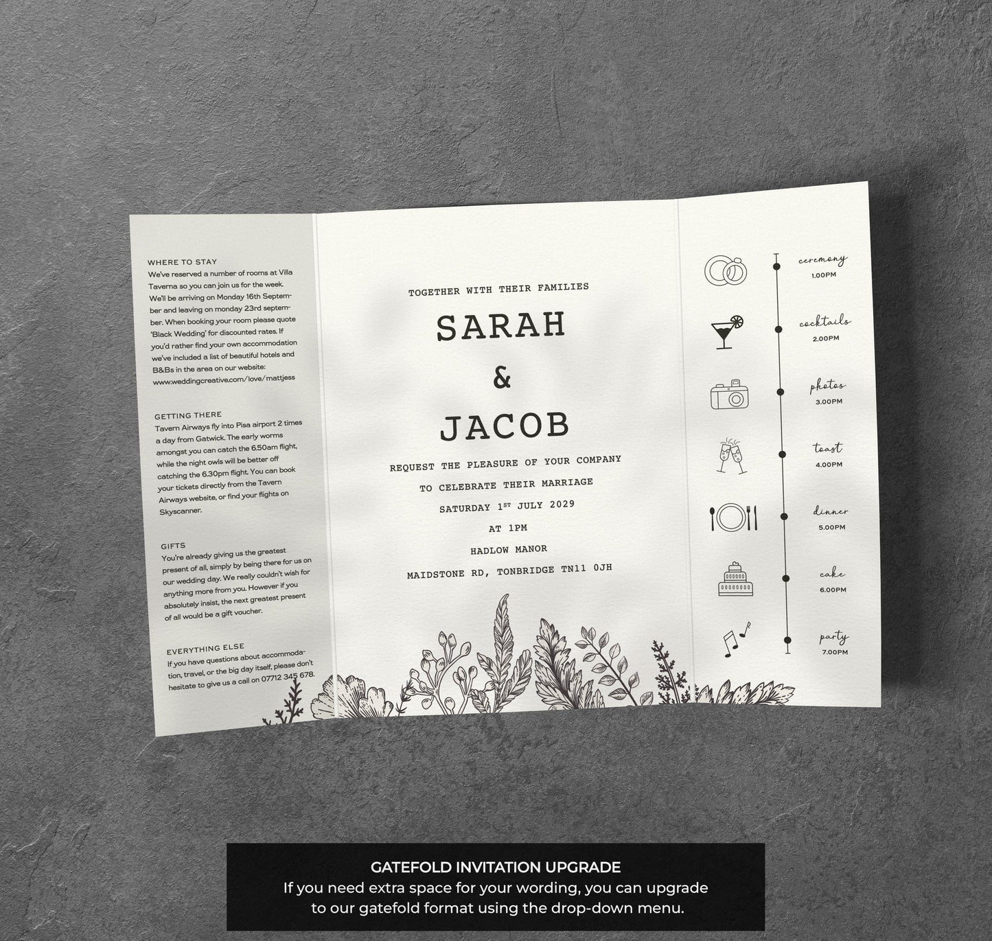 Black & White Botanical Wedding Invitation – Line Art Design with Kraft Envelopes