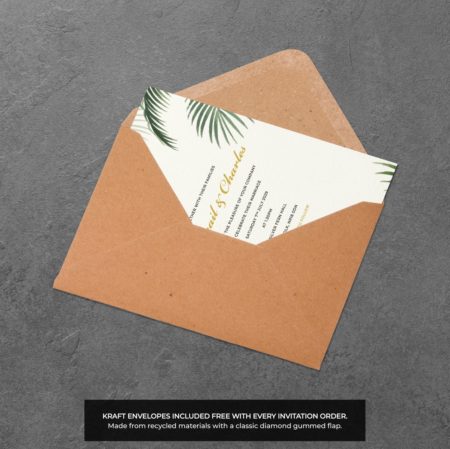 Palm Leaf Wedding Invitation – Tropical Green Design with Kraft Envelopes