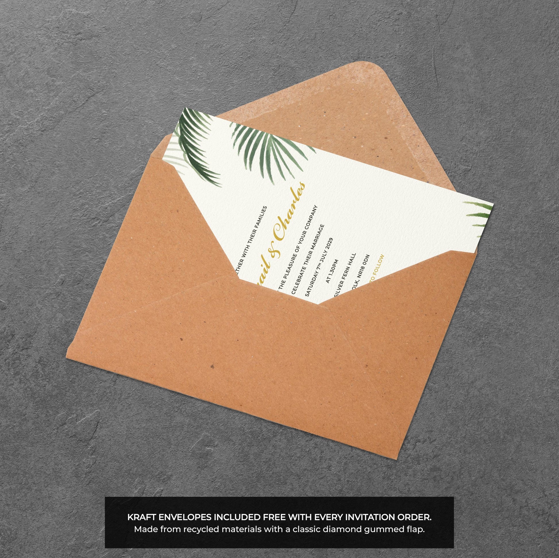 Palm Leaf Wedding Invitation – Tropical Green Design with Kraft Envelopes