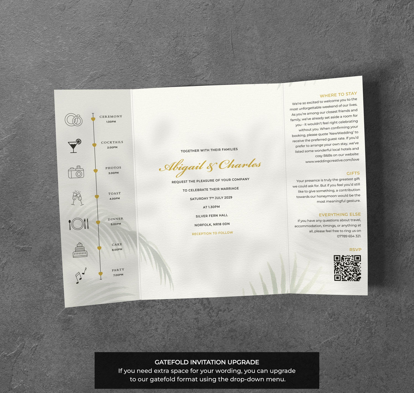 Palm Leaf Wedding Invitation – Tropical Green Design with Kraft Envelopes