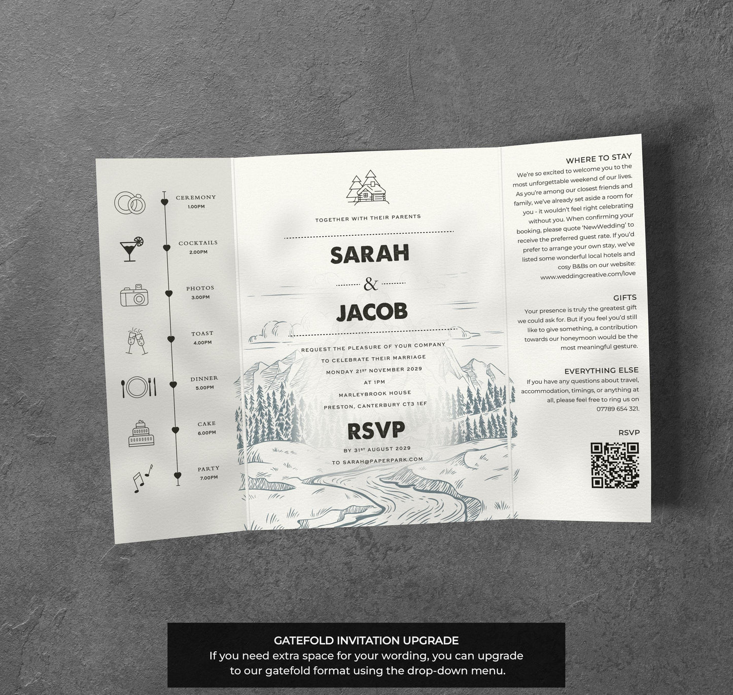 Cabin Mountain Wedding Invitation – Rustic Illustration with Kraft Envelopes