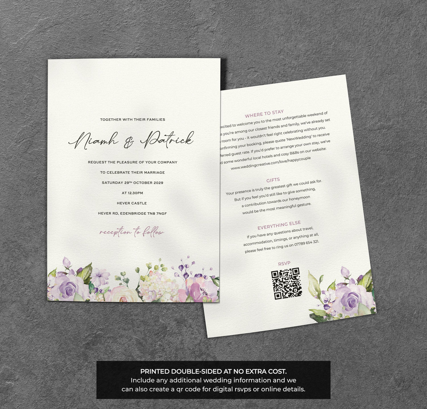 Lilac Floral Wedding Invitation – Pastel Bloom Design with Kraft Envelopes
