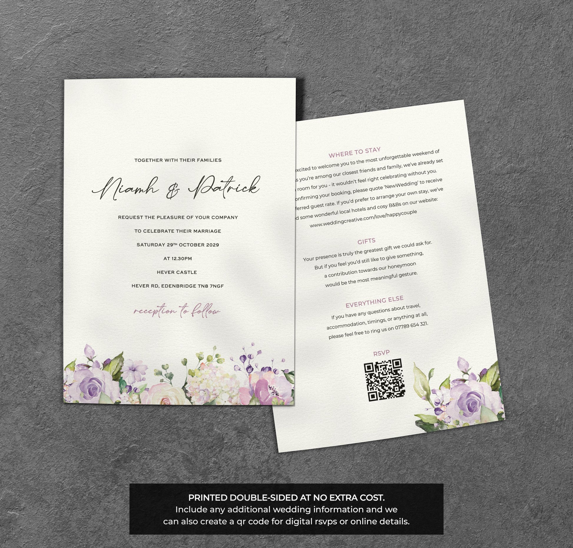 Lilac Floral Wedding Invitation – Pastel Bloom Design with Kraft Envelopes