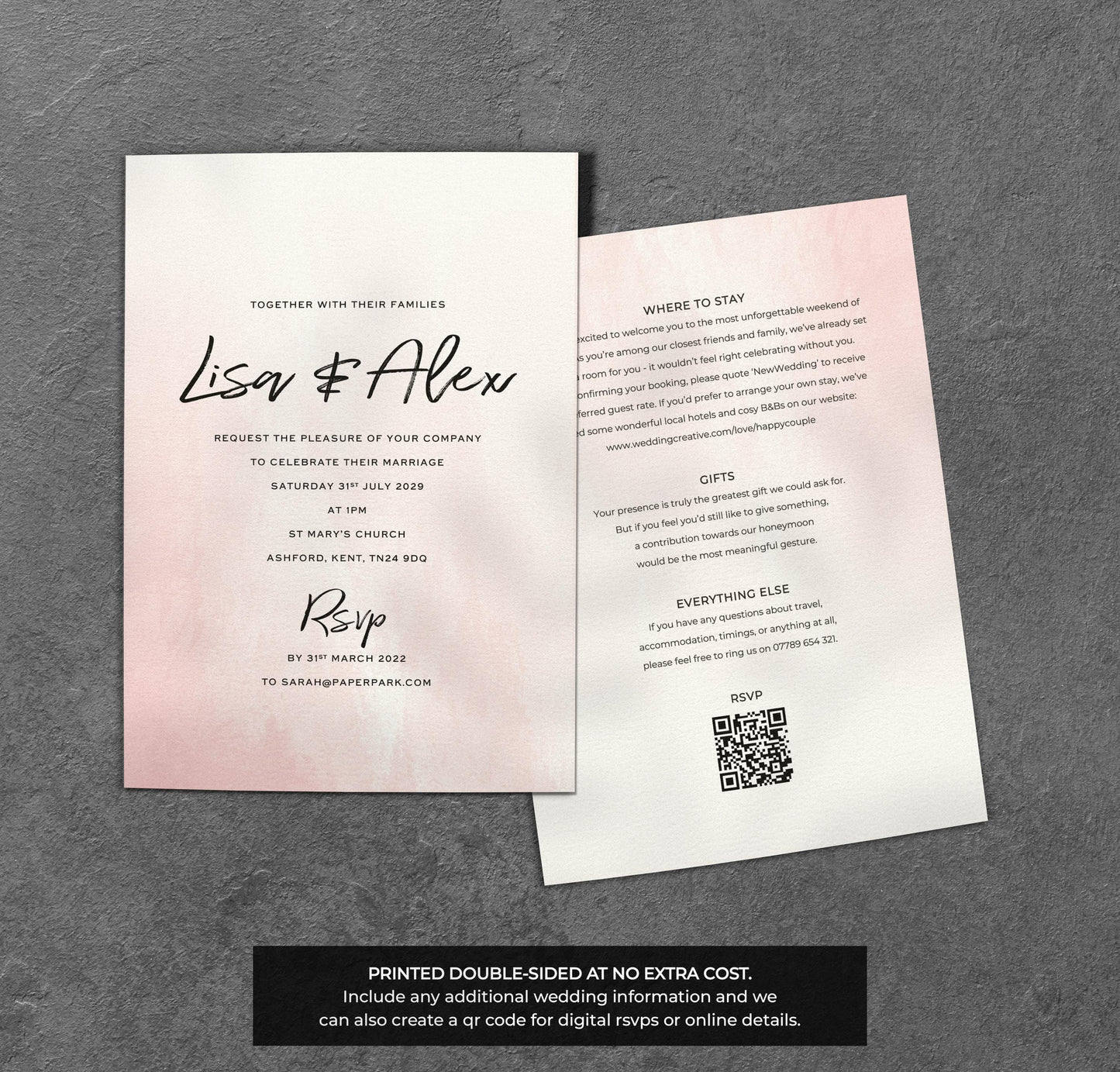 Blush Watercolour Wedding Invitation – Modern Pink Design with Kraft Envelopes