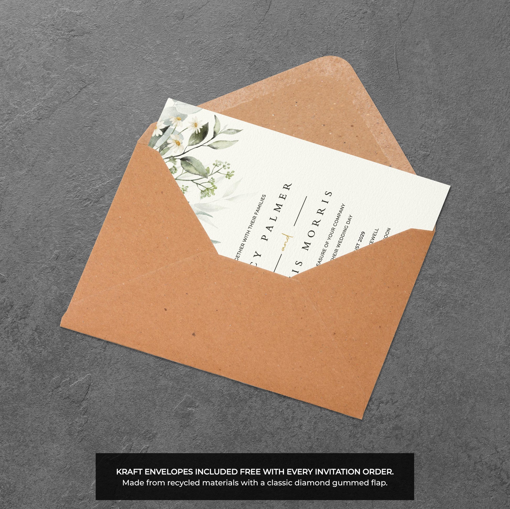 White Blossom Wedding Invitation – Greenery Floral Design with Kraft Envelopes
