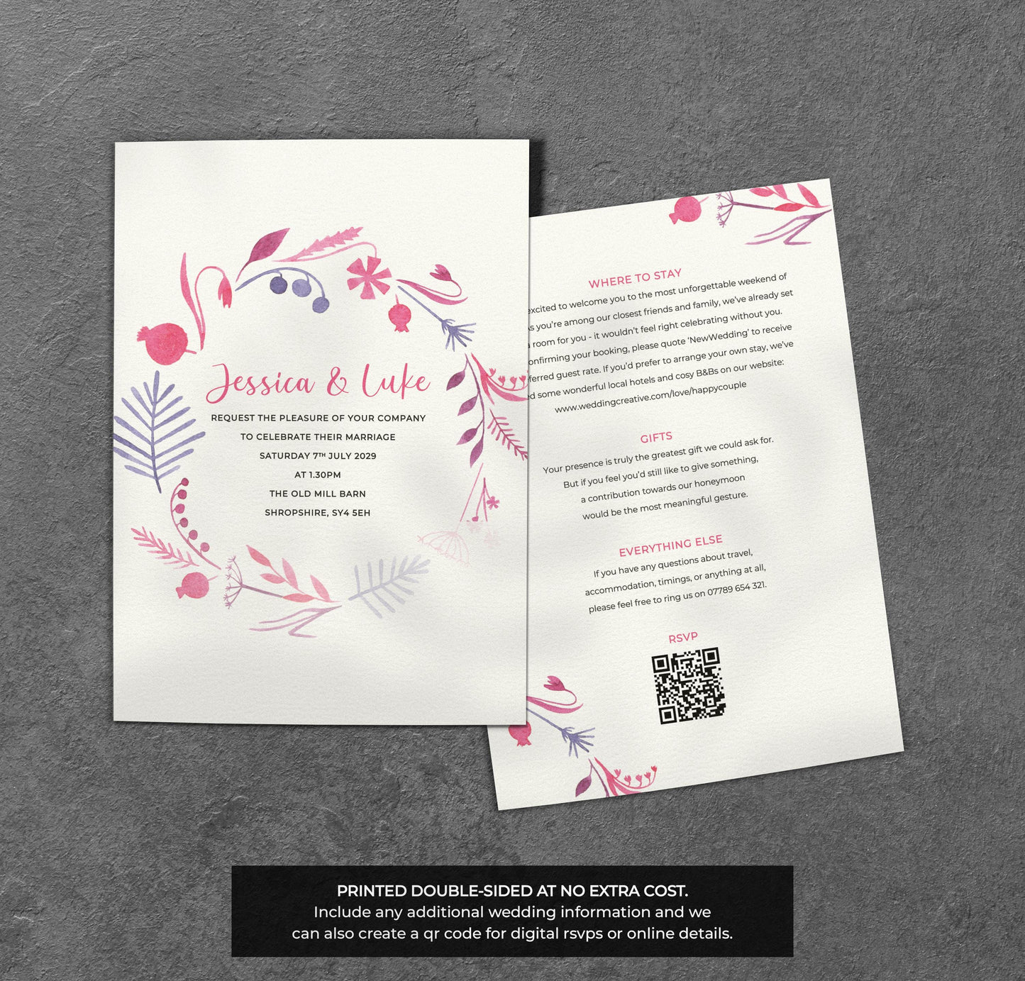Pink & Purple Wreath Wedding Invitation – Floral Ring Design with Kraft Envelopes