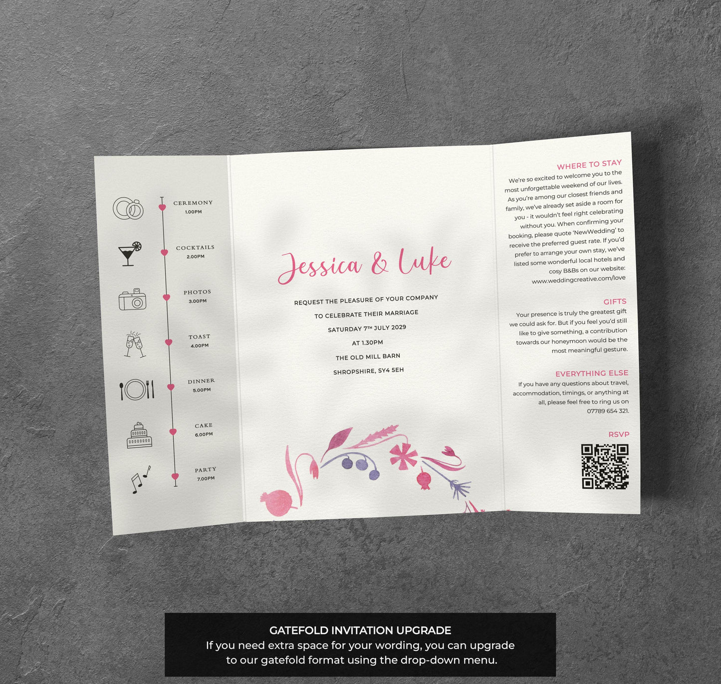 Pink & Purple Wreath Wedding Invitation – Floral Ring Design with Kraft Envelopes