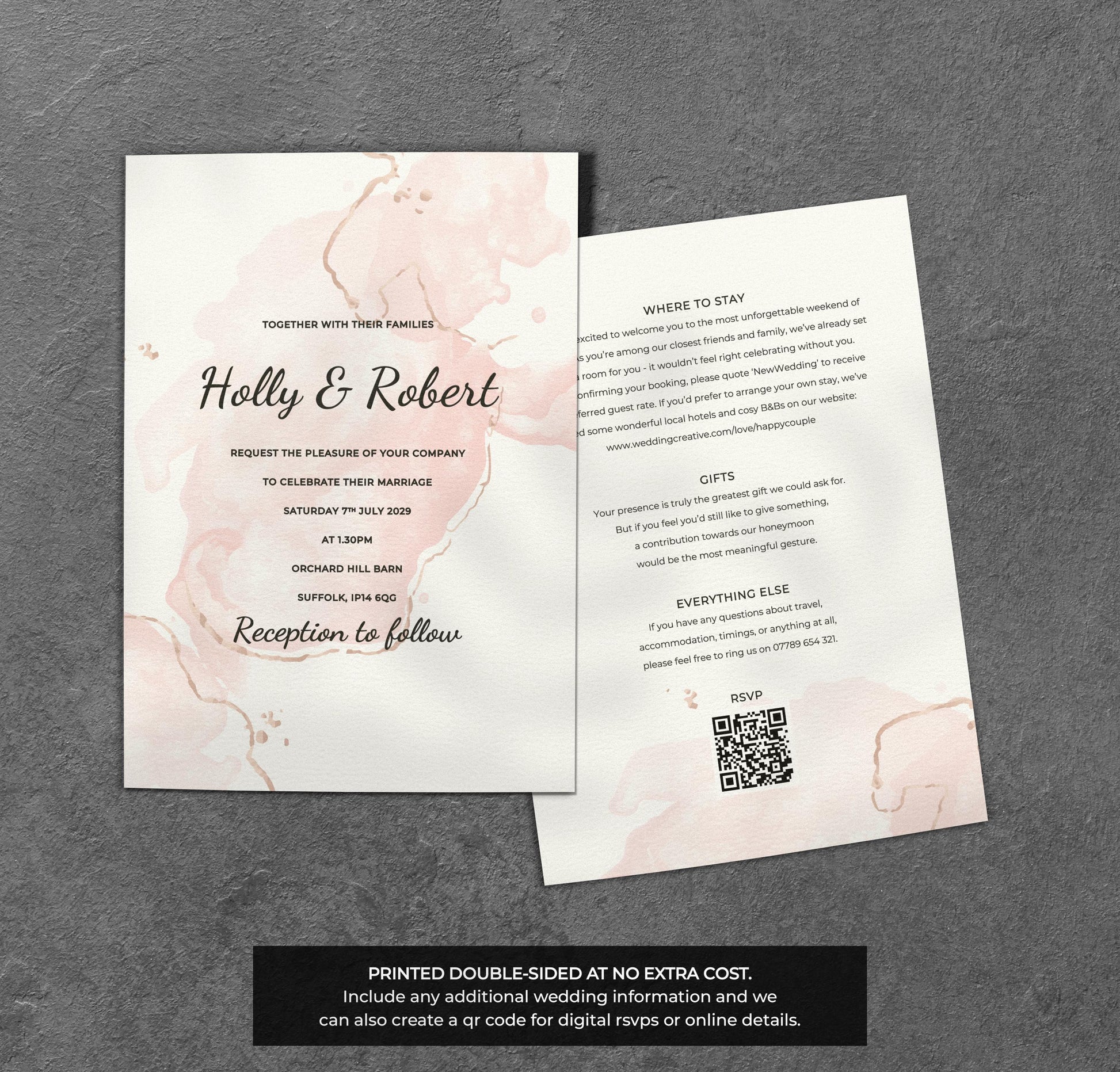 Blush Ink Wedding Invitation – Abstract Watercolour Design with Kraft Envelopes