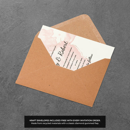 Blush Ink Wedding Invitation – Abstract Watercolour Design with Kraft Envelopes