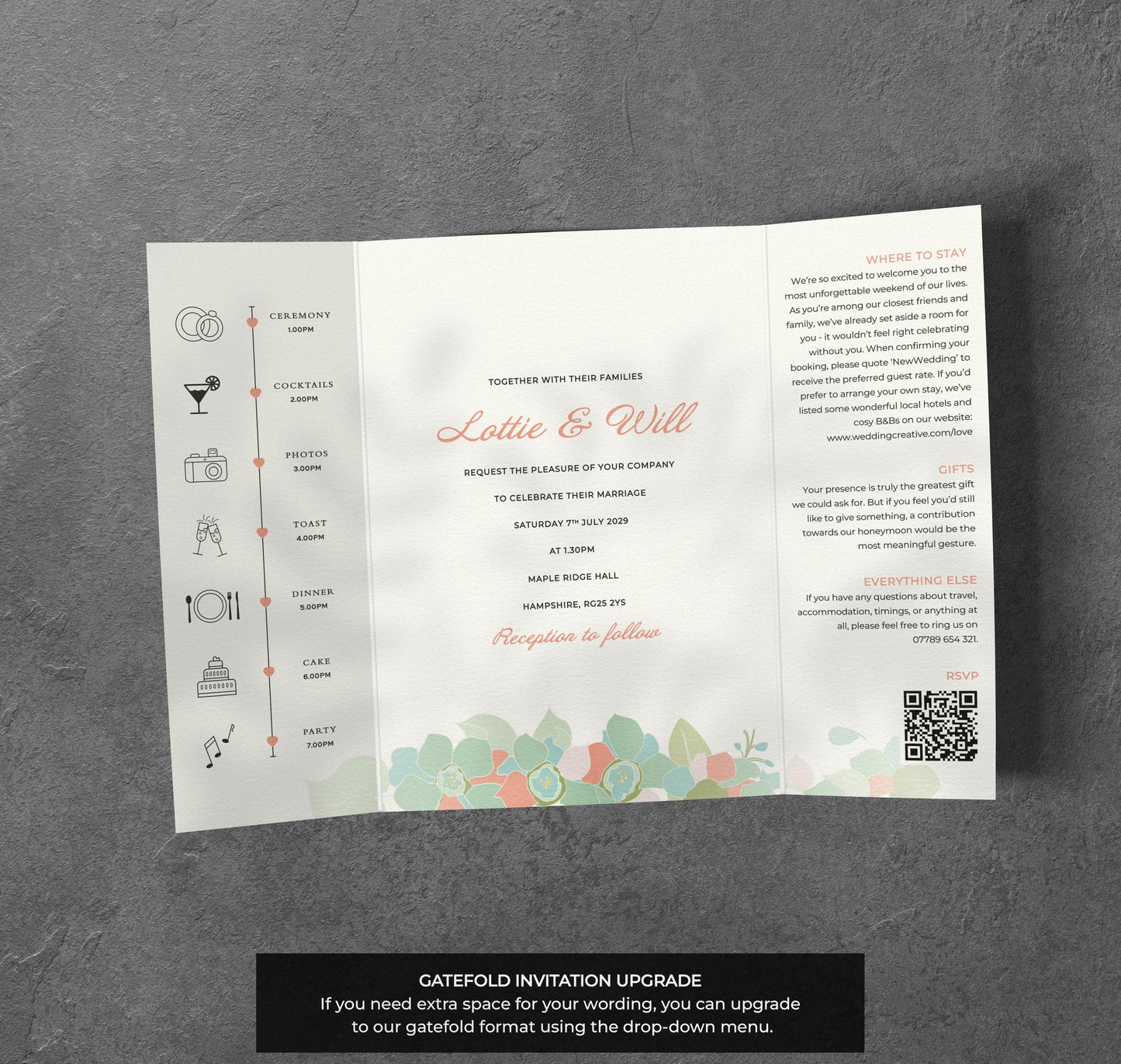 Pastel Floral Wedding Invitation – Soft Retro Blooms with Kraft Envelopes