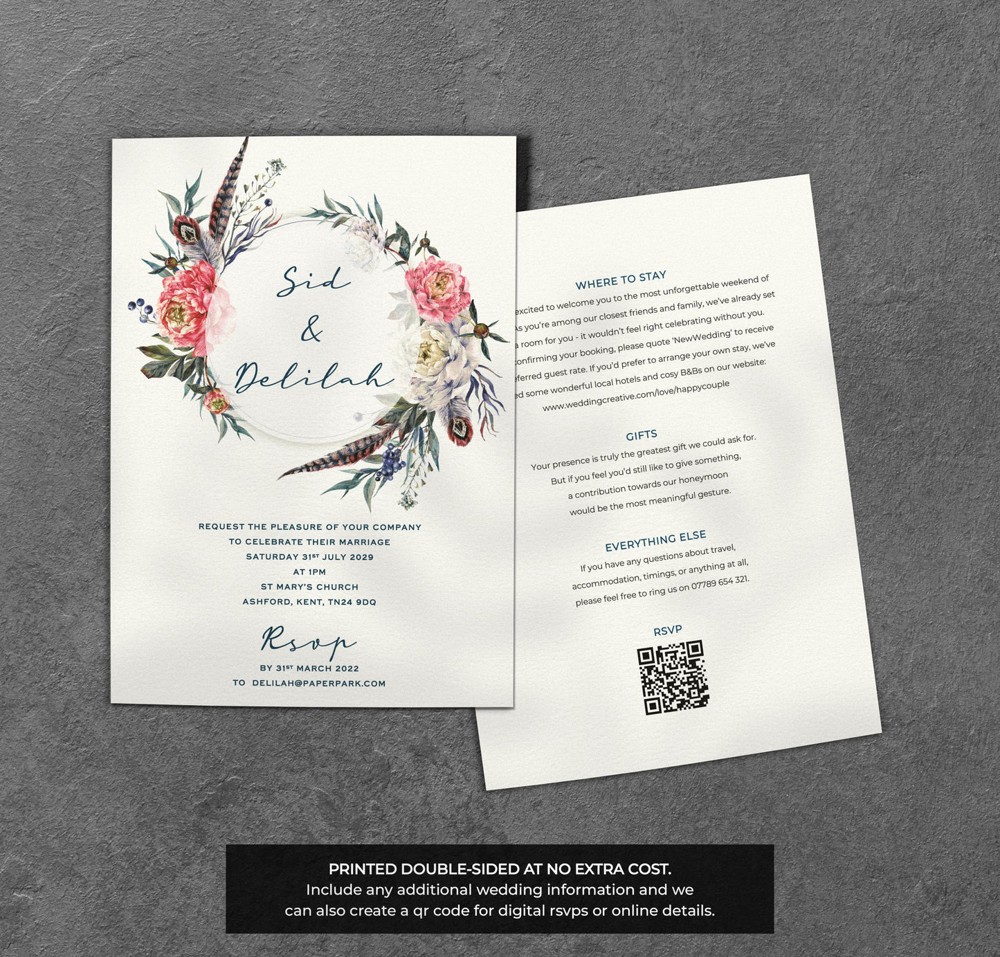 Boho Floral Wedding Invitation – Feather Wreath Design with Kraft Envelopes