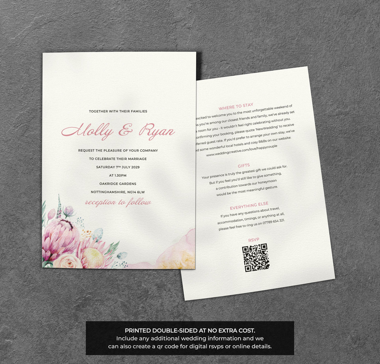 Blush Boho Floral Wedding Invitation – Soft Pastel Design with Kraft Envelopes