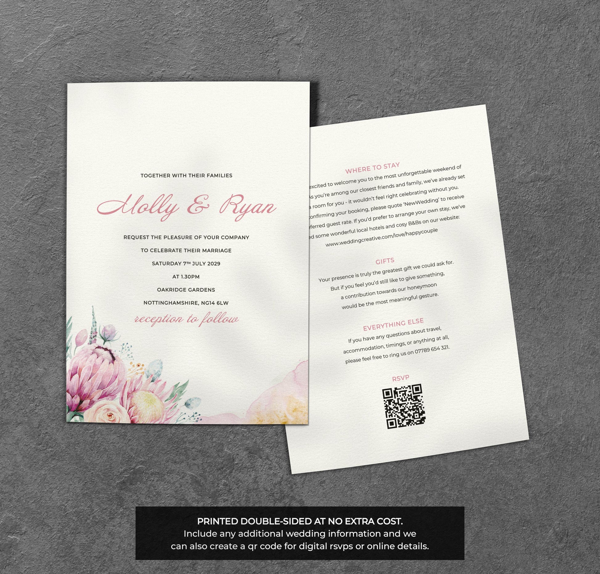 Blush Boho Floral Wedding Invitation – Soft Pastel Design with Kraft Envelopes