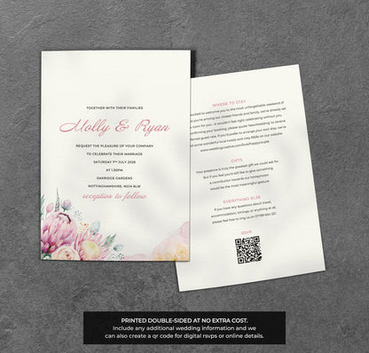 Blush Boho Floral Wedding Invitation – Soft Pastel Design with Kraft Envelopes