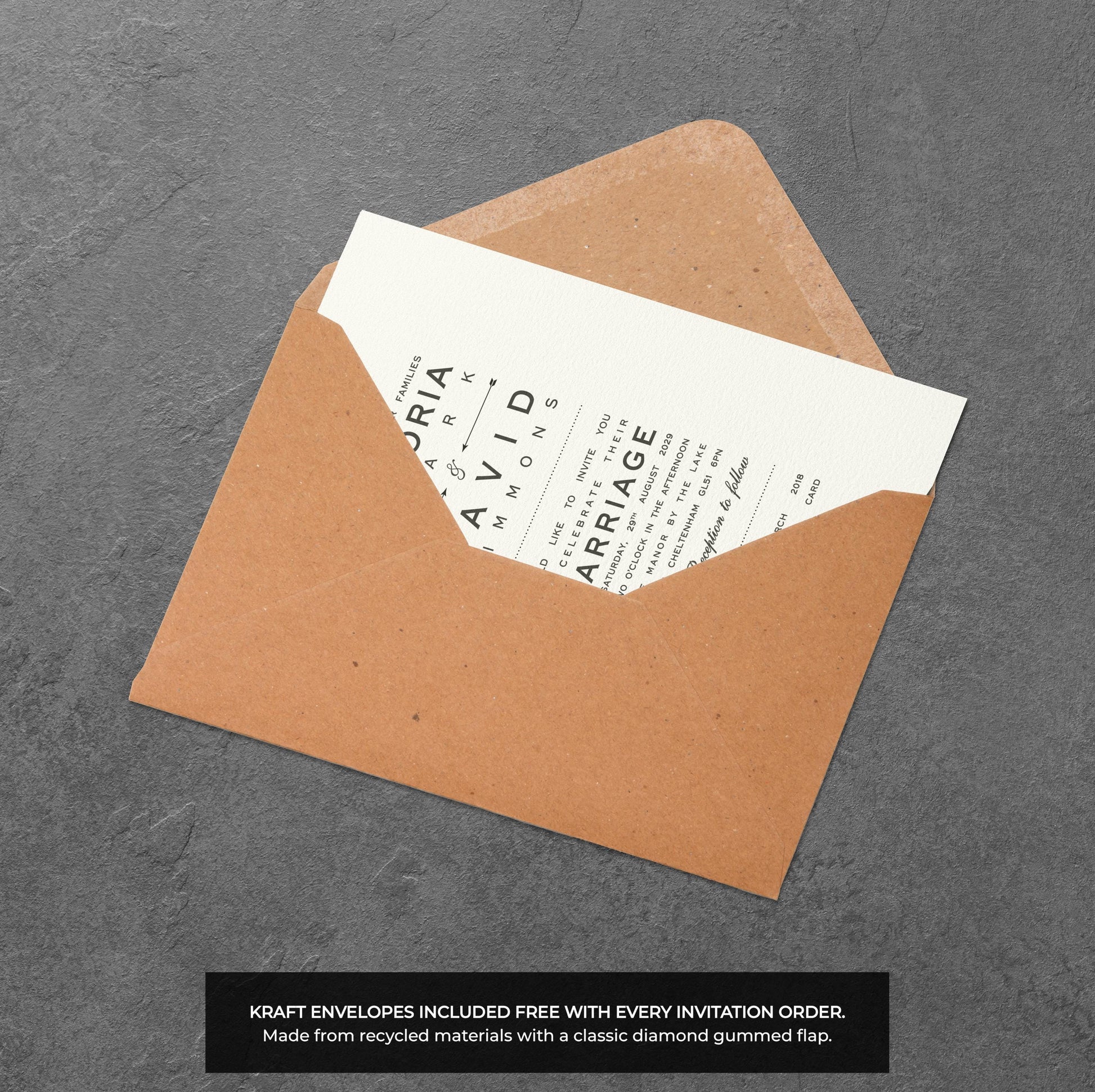 Modern Typography Wedding Invitation – Black & White Design with Kraft Envelopes