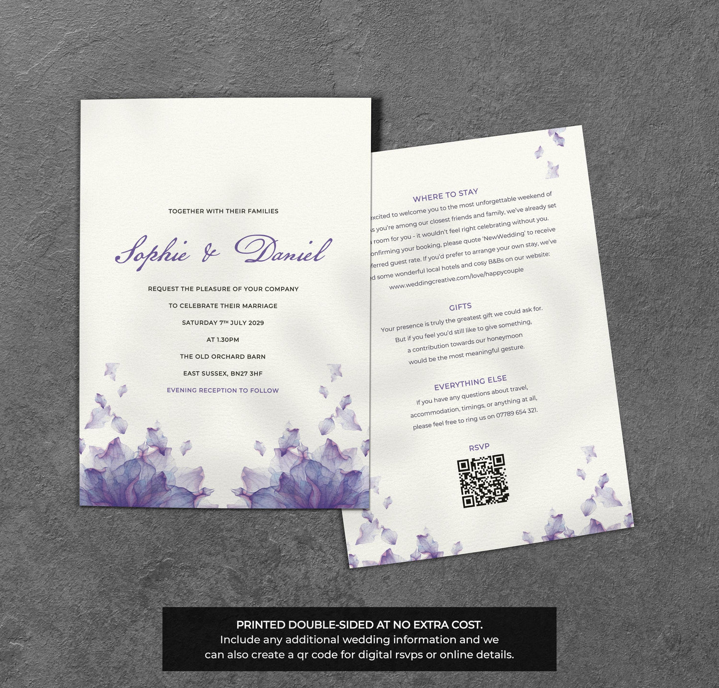 Purple Petal Wedding Invitation – Watercolour Floral Design with Kraft Envelopes