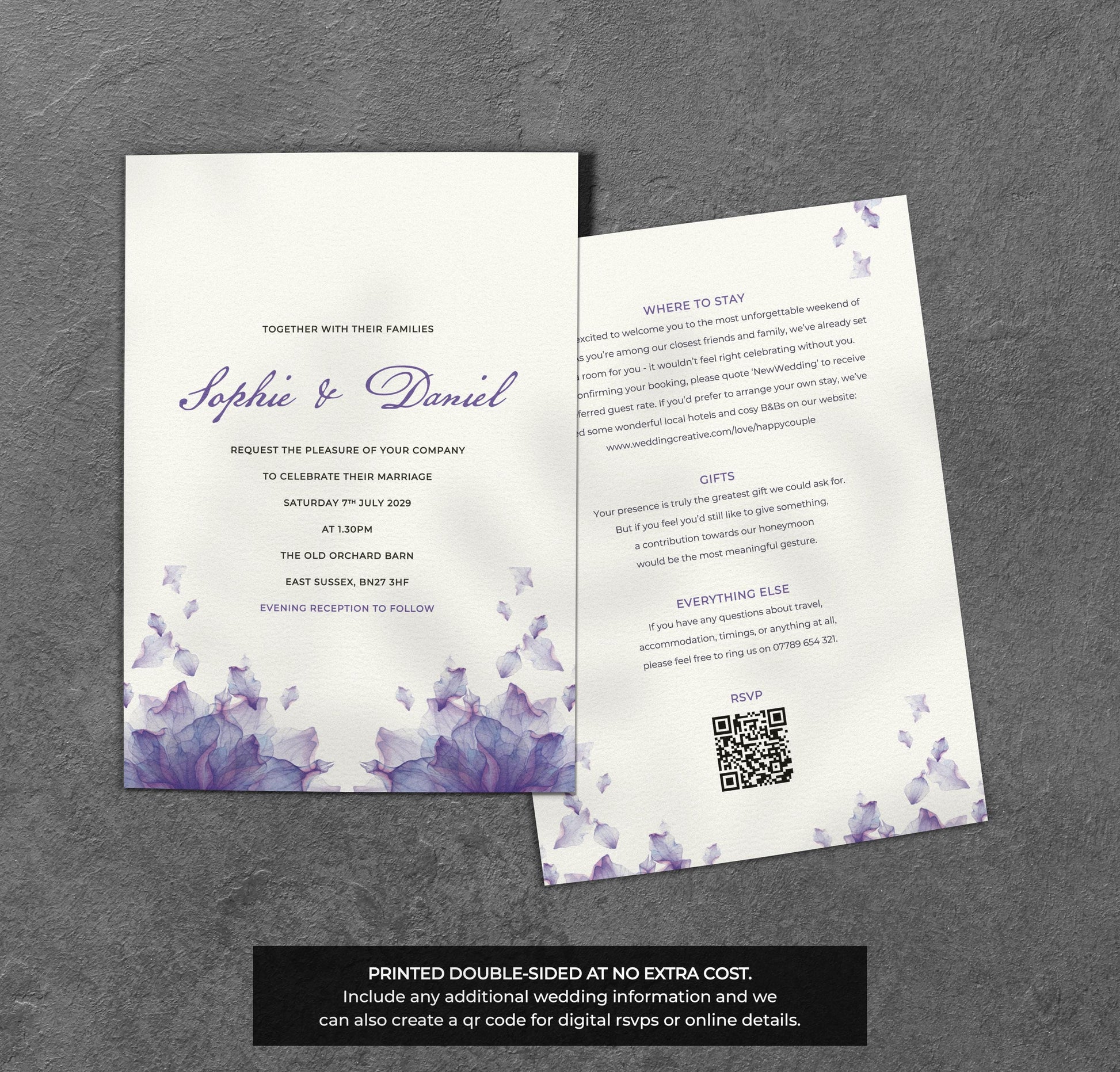 Purple Petal Wedding Invitation – Watercolour Floral Design with Kraft Envelopes