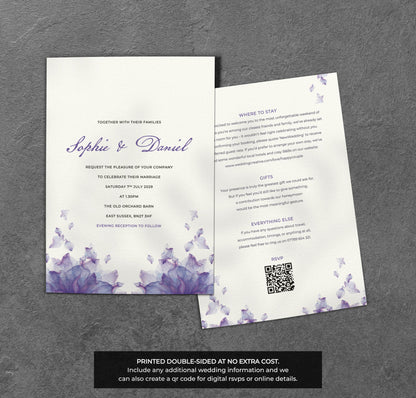 Purple Petal Wedding Invitation – Watercolour Floral Design with Kraft Envelopes