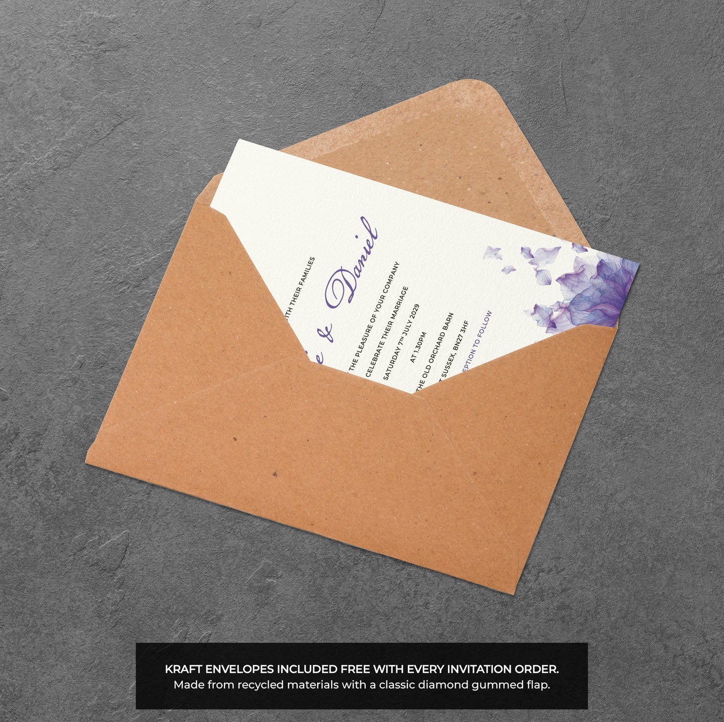 Purple Petal Wedding Invitation – Watercolour Floral Design with Kraft Envelopes