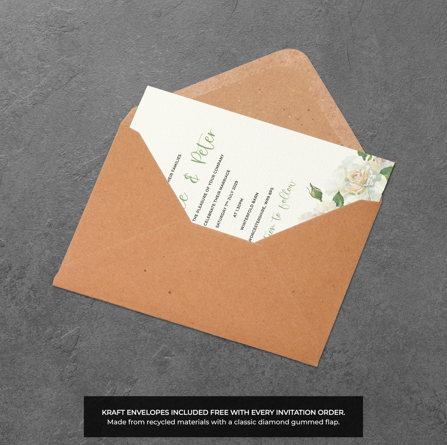 Sage Rose Wedding Invitation – Soft Green Floral Design with Kraft Envelopes