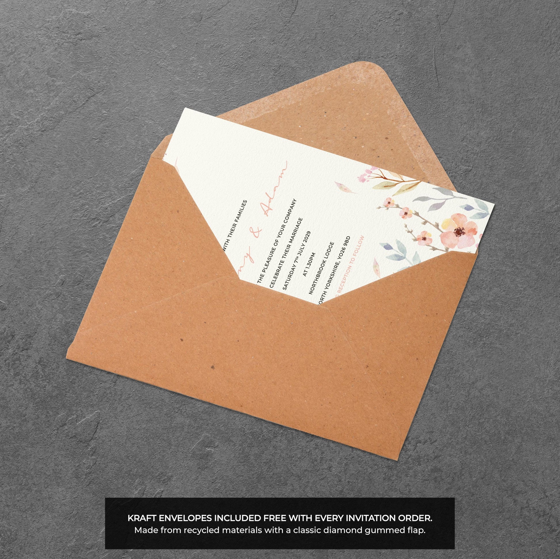 Pastel Meadow Wedding Invitation – Soft Floral Design with Kraft Envelopes