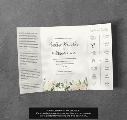 White Rose Wedding Invitation – Greenery Floral Design with Kraft Envelopes