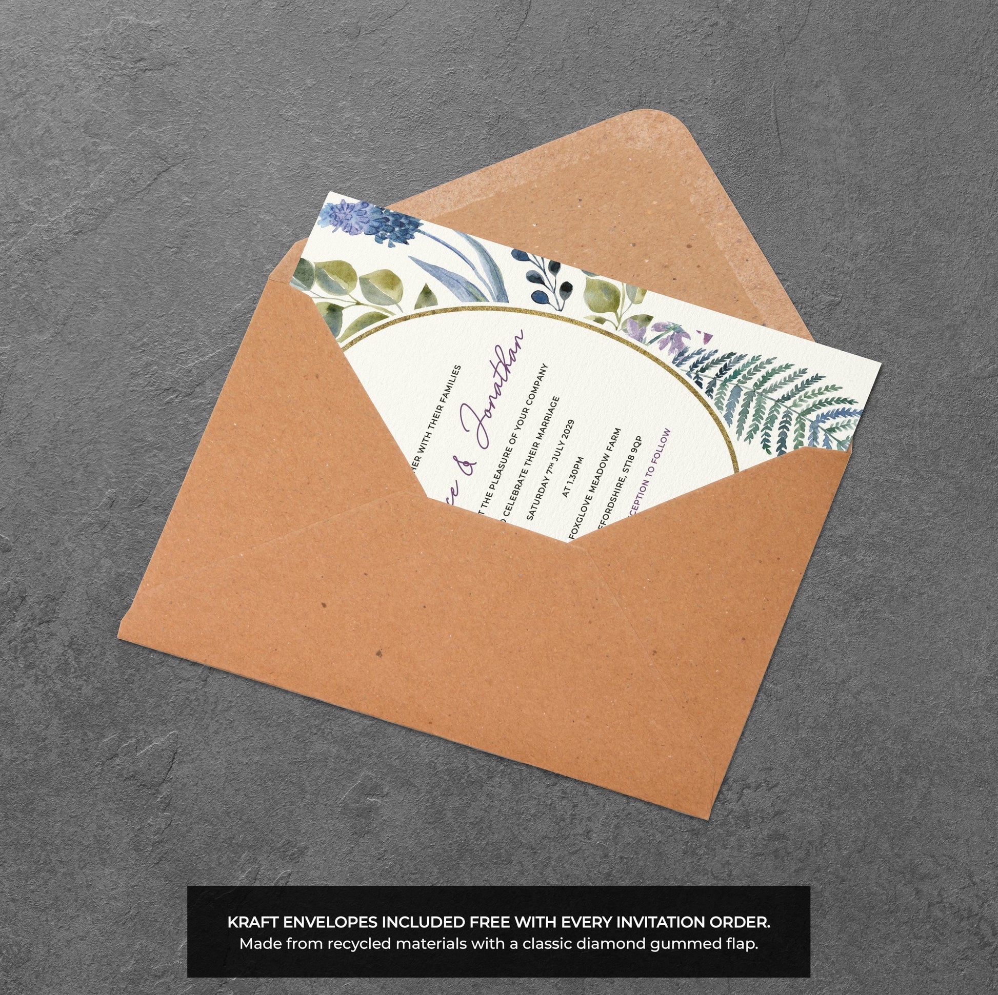 Botanical Frame Wedding Invitation – Wild Greenery Design with Kraft Envelopes