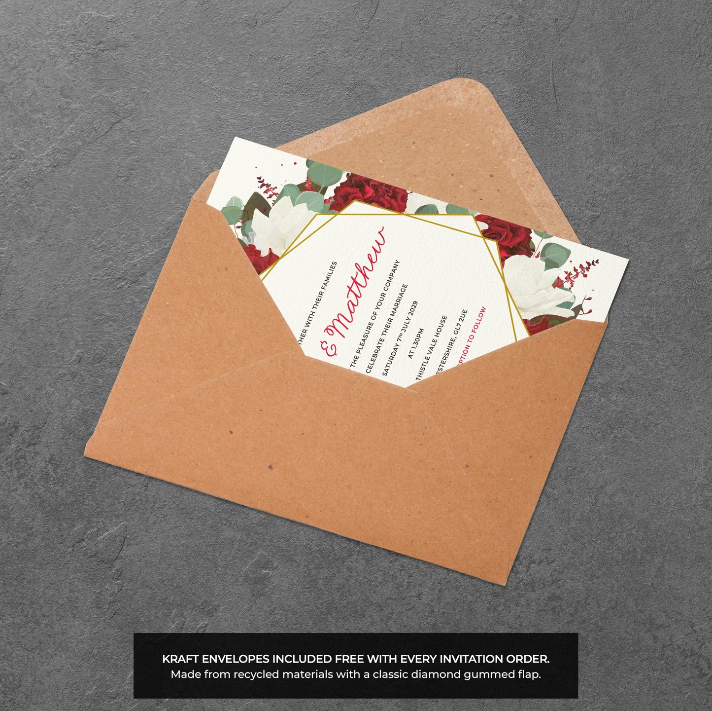 Red Rose Wedding Invitation – Geometric Floral Design with Kraft Envelopes
