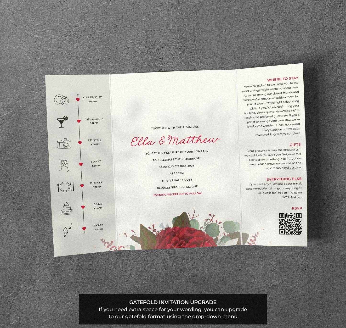 Red Rose Wedding Invitation – Geometric Floral Design with Kraft Envelopes