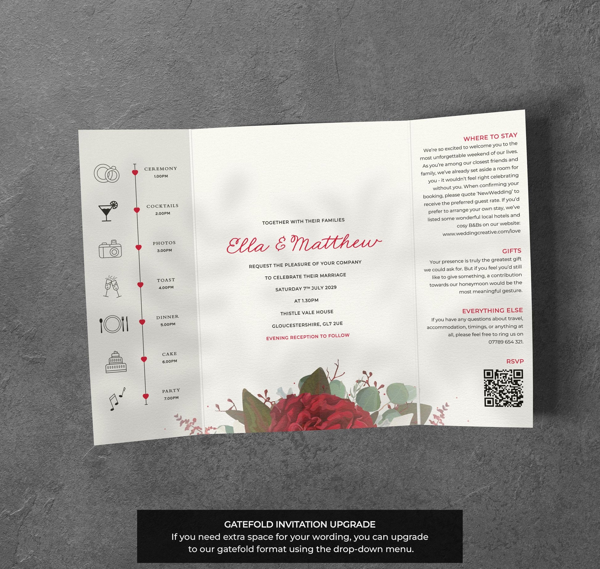 Red Rose Wedding Invitation – Geometric Floral Design with Kraft Envelopes