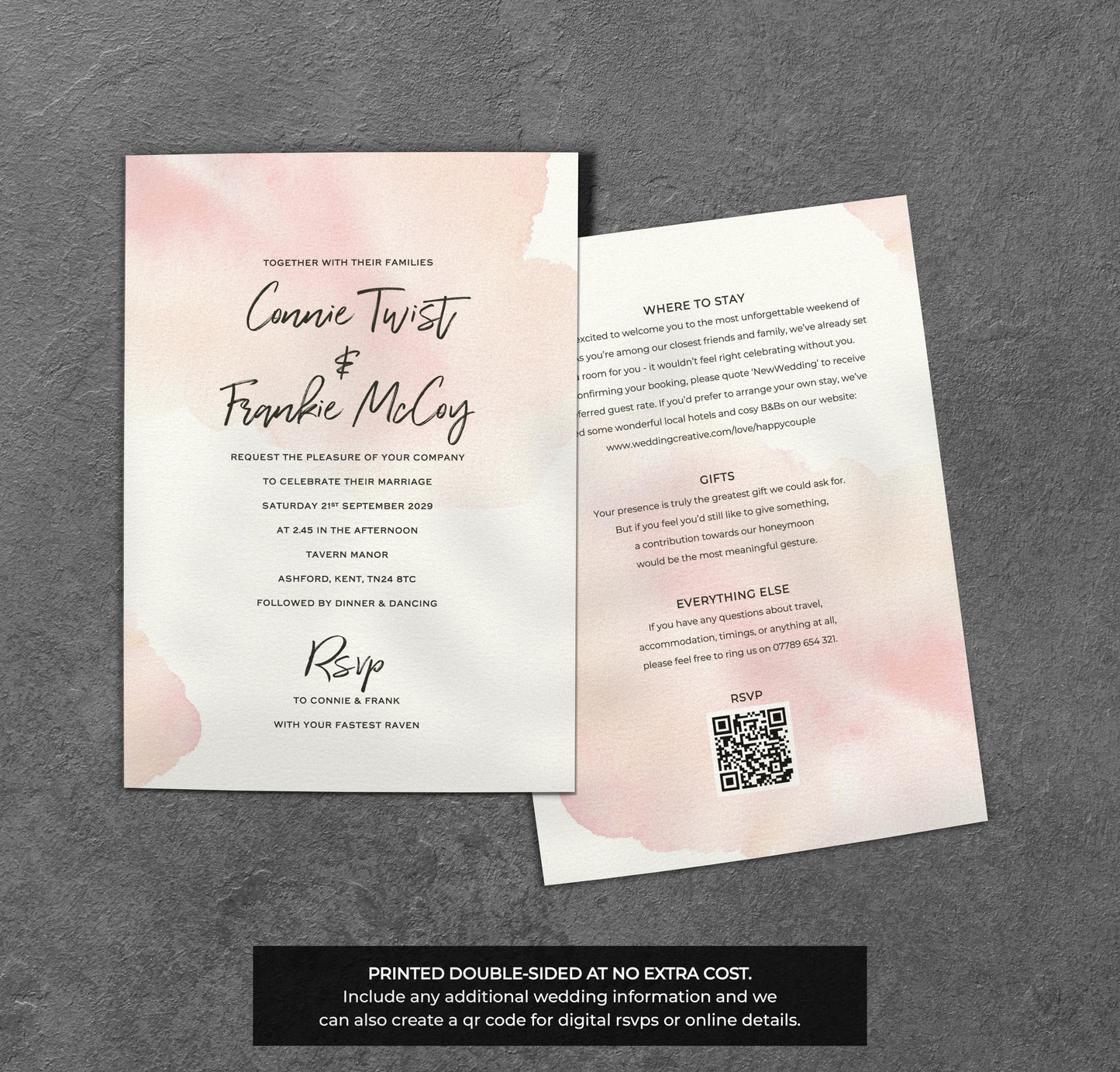 Pink Watercolour Wedding Invitation – Modern Minimal Blush Design with Envelopes