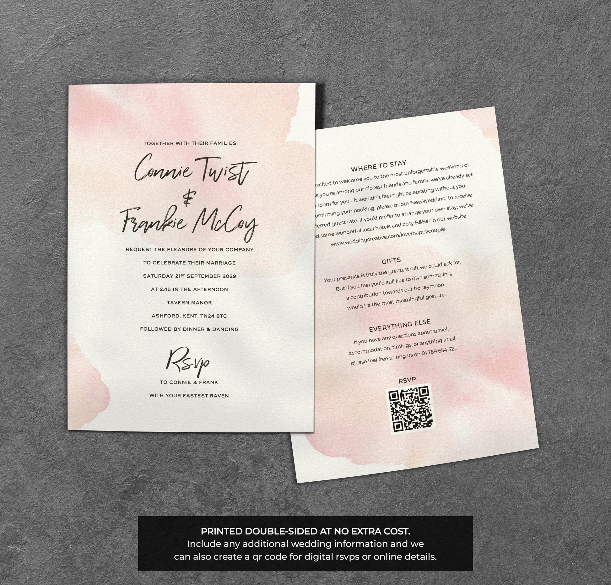 Pink Watercolour Wedding Invitation – Modern Minimal Blush Design with Envelopes