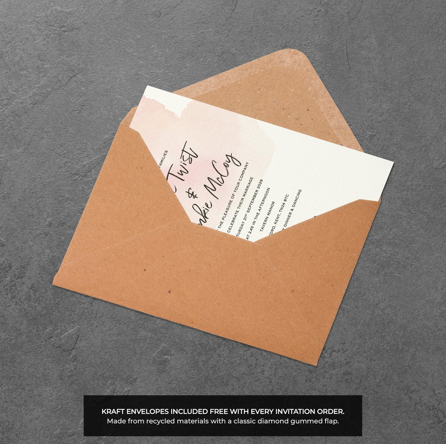 Pink Watercolour Wedding Invitation – Modern Minimal Blush Design with Envelopes