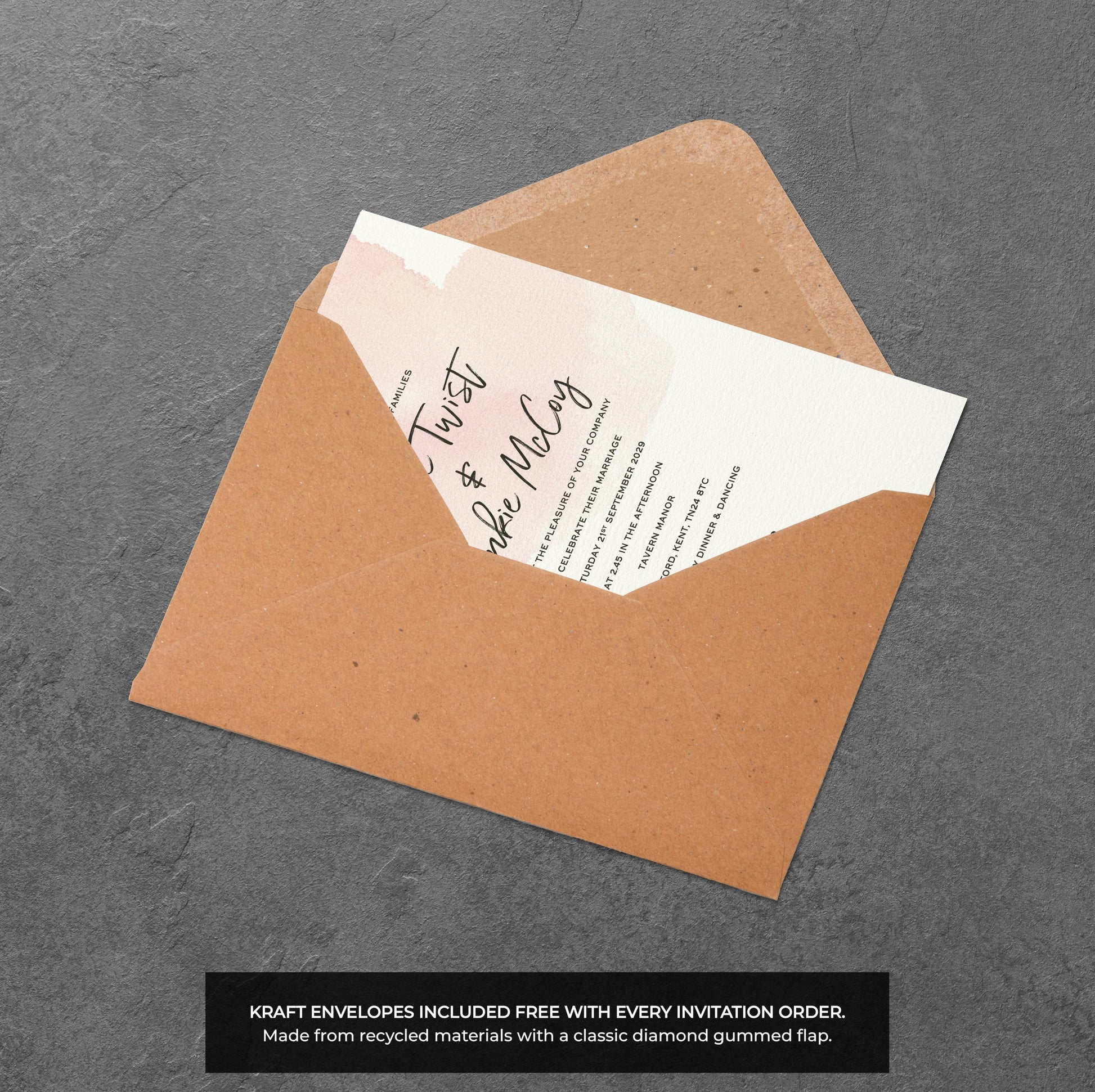 Pink Watercolour Wedding Invitation – Modern Minimal Blush Design with Envelopes