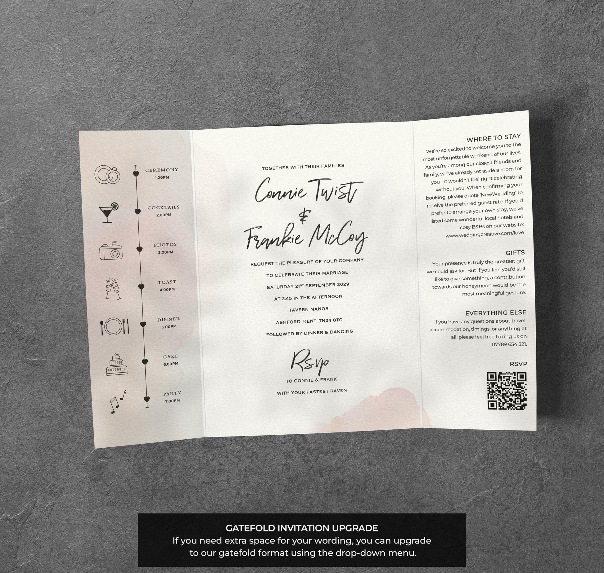 Pink Watercolour Wedding Invitation – Modern Minimal Blush Design with Envelopes