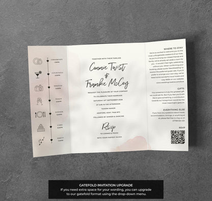 Pink Watercolour Wedding Invitation – Modern Minimal Blush Design with Envelopes