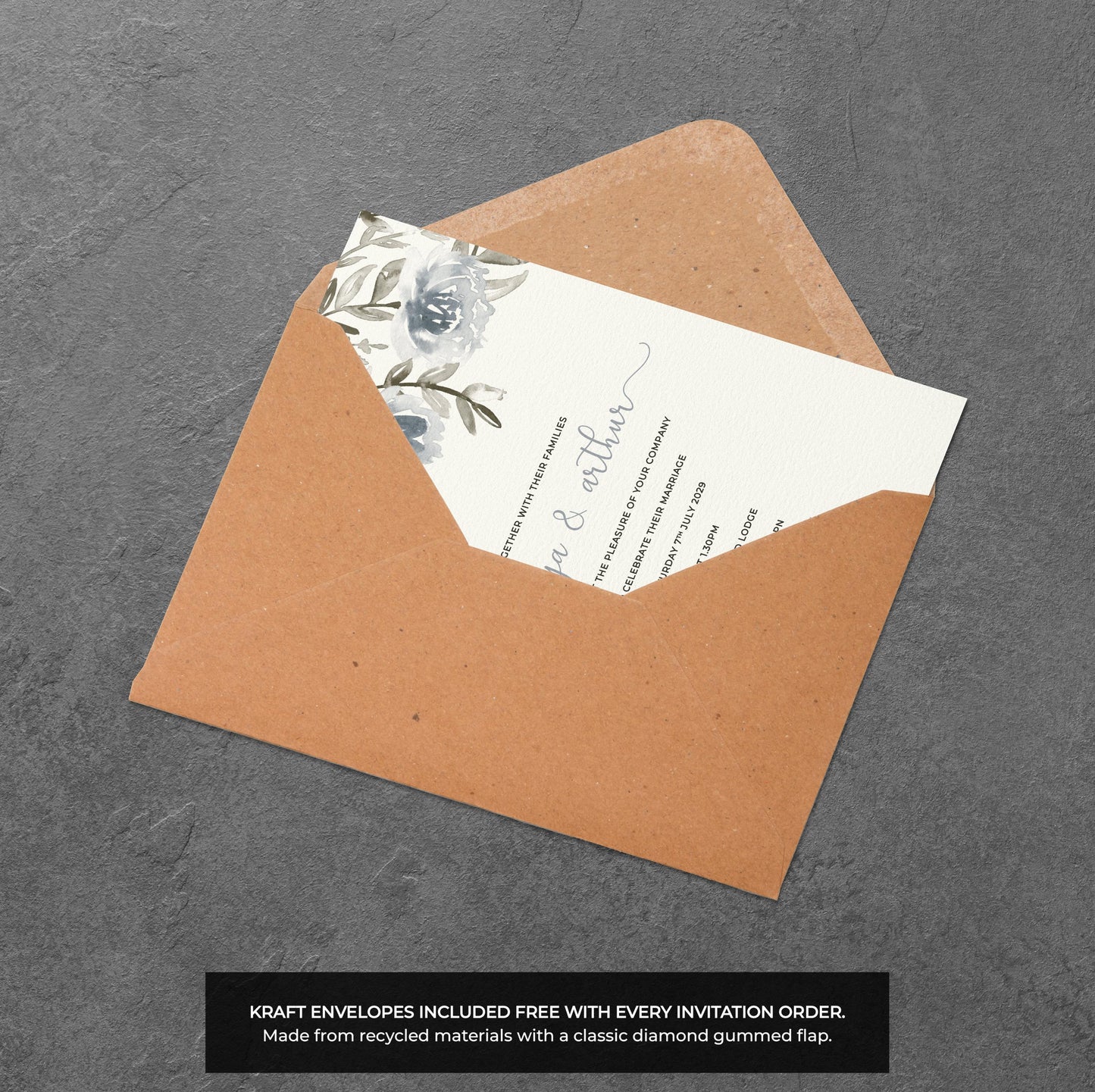 Blue Grey Floral Wedding Invitation – Watercolour Botanical Design with Envelopes