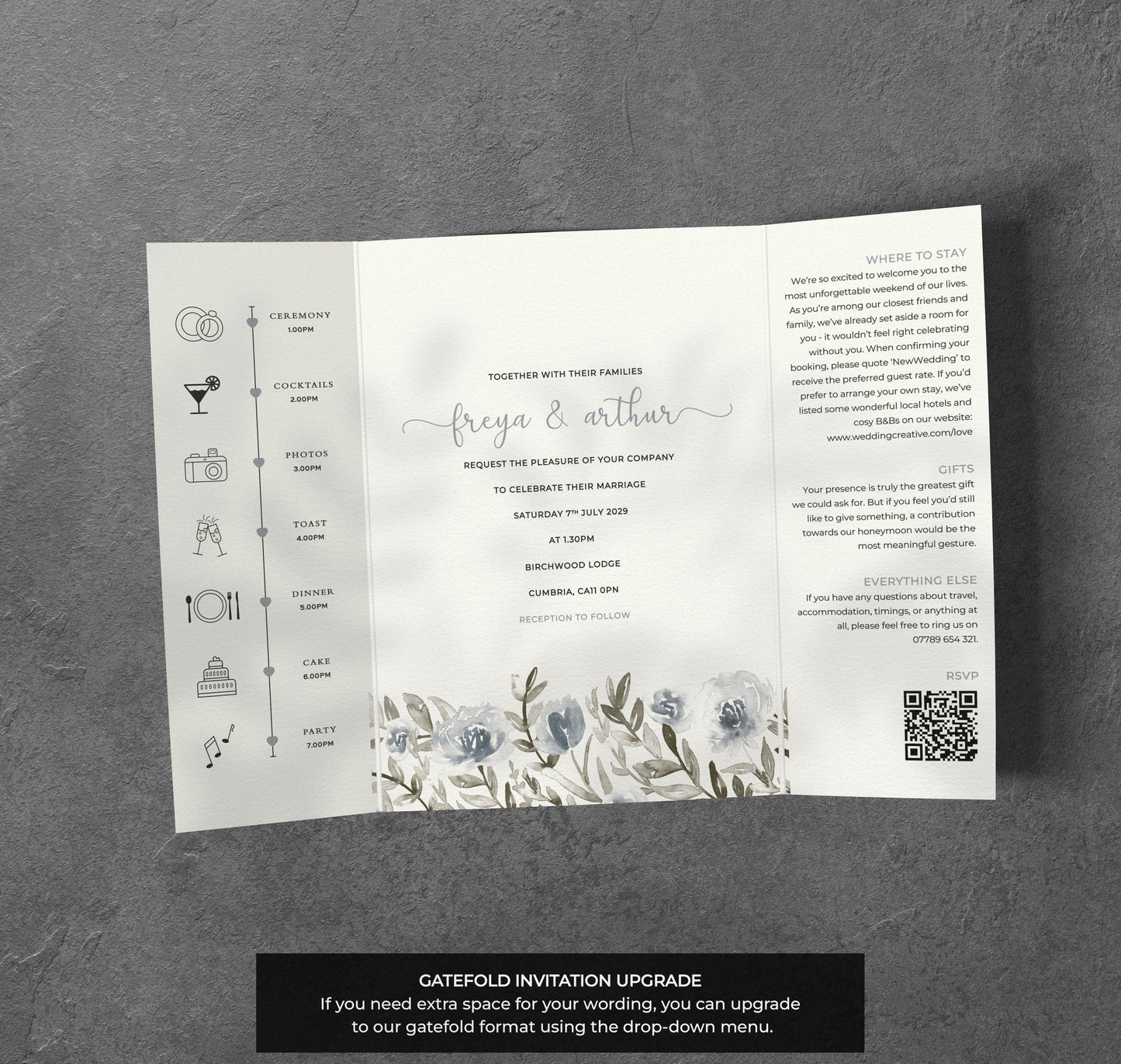 Blue Grey Floral Wedding Invitation – Watercolour Botanical Design with Envelopes
