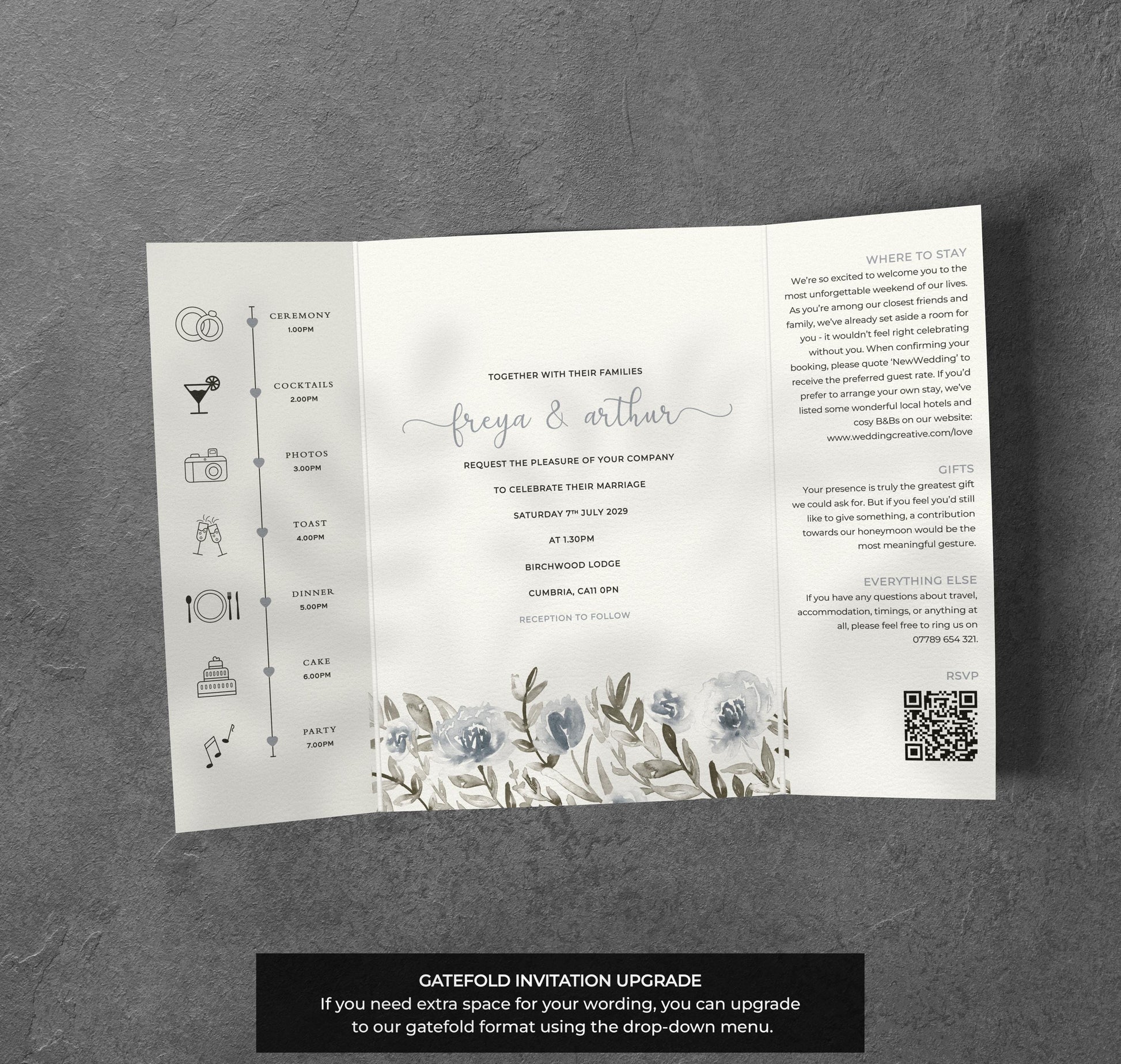 Blue Grey Floral Wedding Invitation – Watercolour Botanical Design with Envelopes