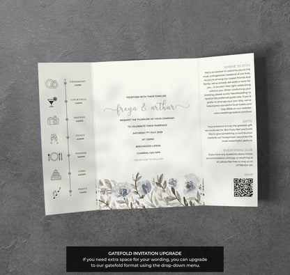 Blue Grey Floral Wedding Invitation – Watercolour Botanical Design with Envelopes