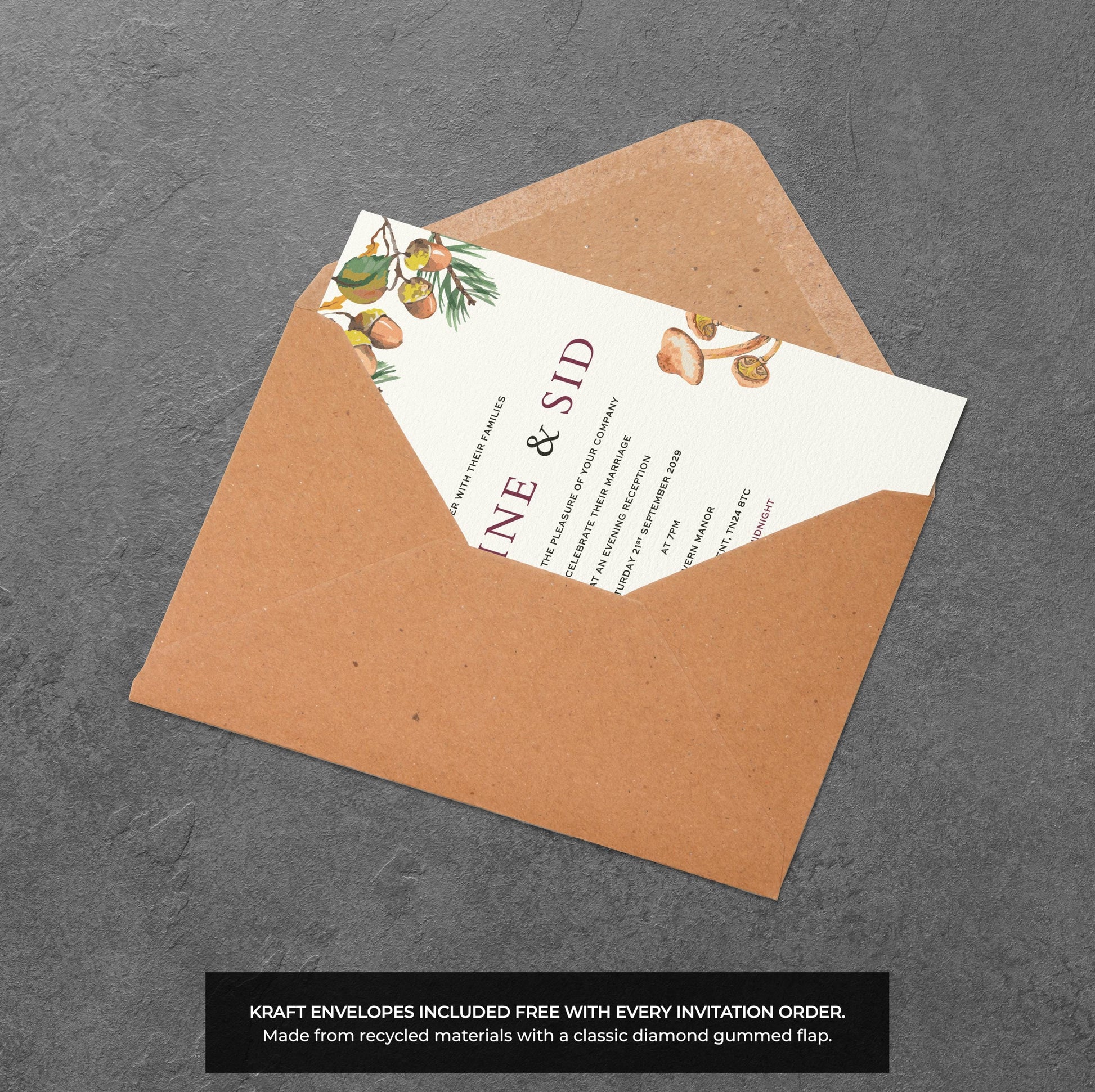 Autumn Wedding Invitation – Woodland Leaves & Acorns with Envelopes