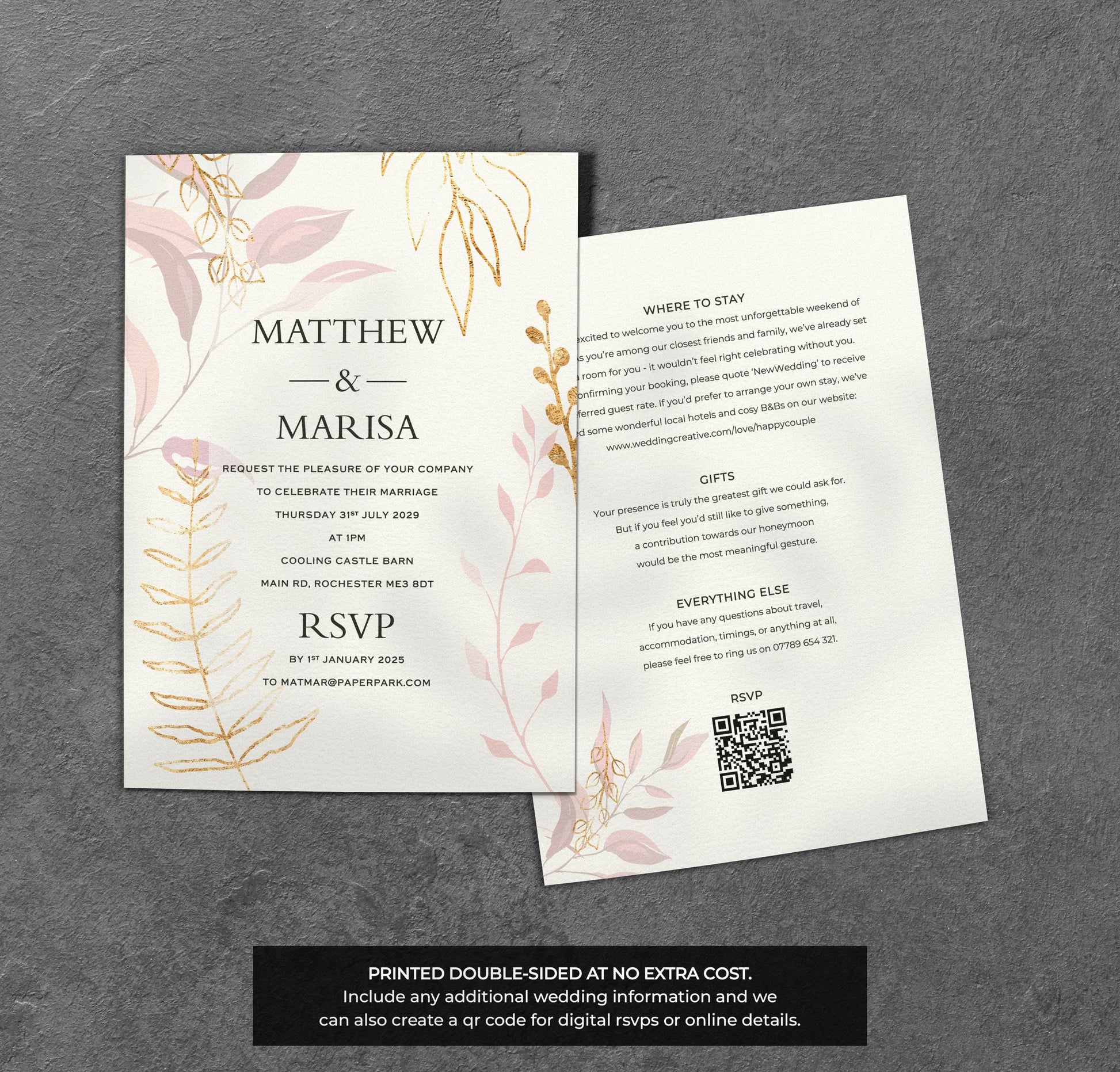 Pink & Gold Leaf Wedding Invitation – Elegant Botanical Design with Kraft Envelopes