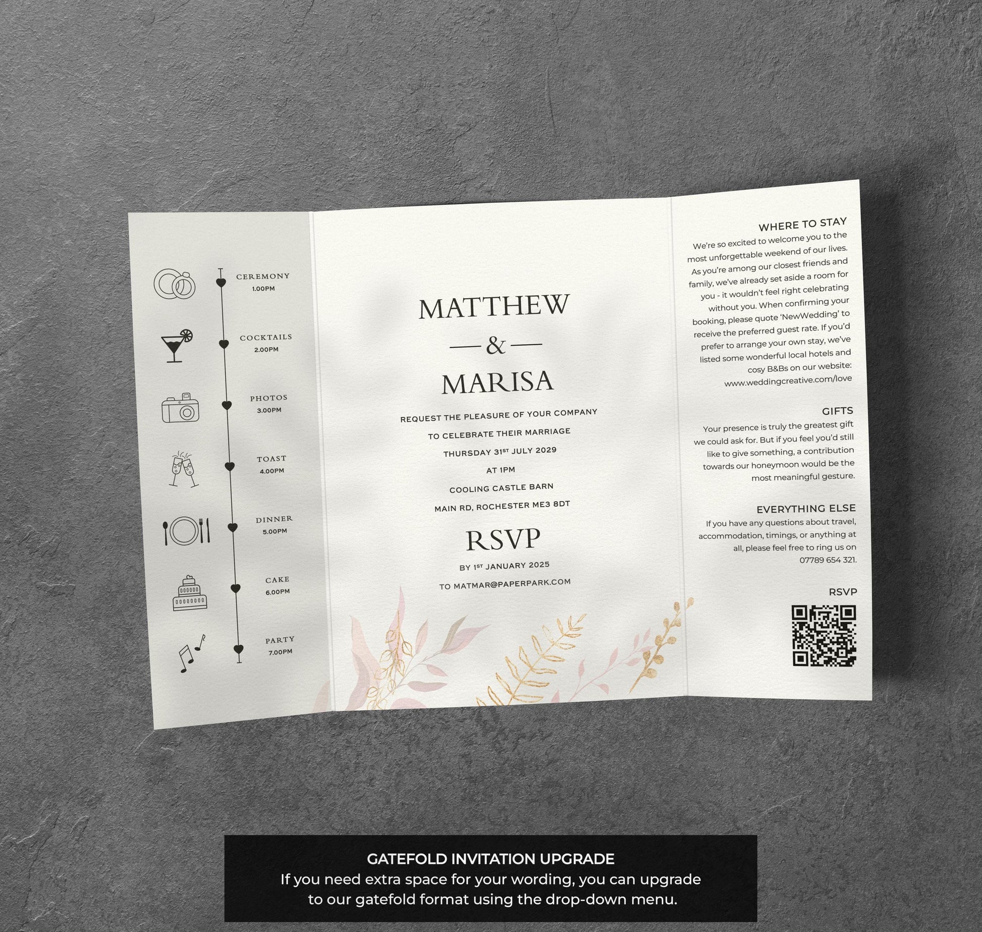 Pink & Gold Leaf Wedding Invitation – Elegant Botanical Design with Kraft Envelopes