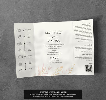 Pink & Gold Leaf Wedding Invitation – Elegant Botanical Design with Kraft Envelopes